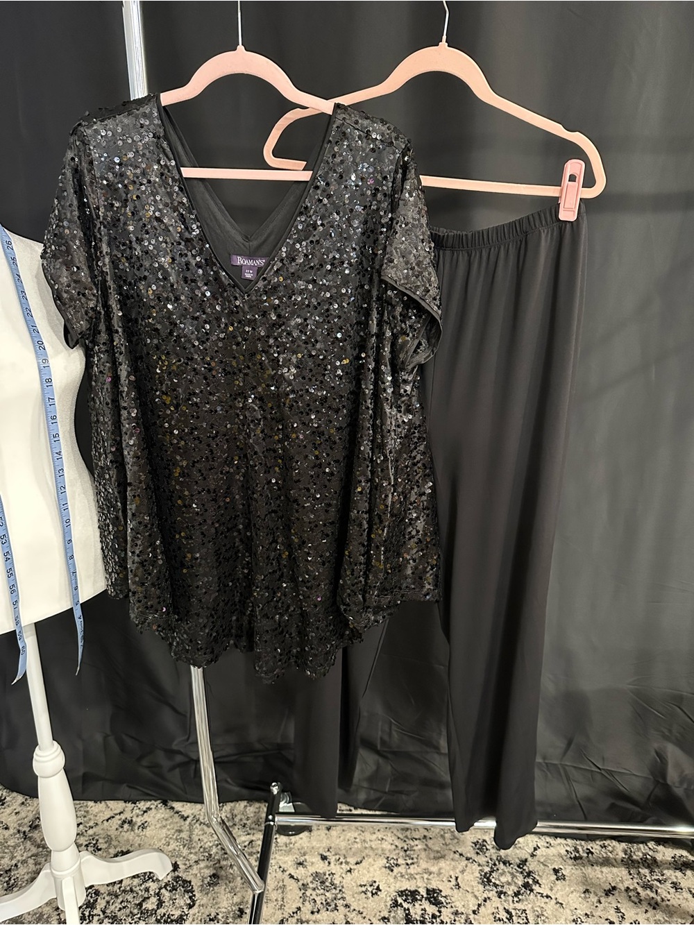 Roaman's Black Sequin V-Neck Top with matching pants